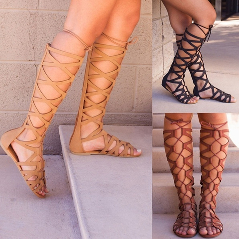 2022 Roman Gladiator Bandage Sandals Women Knee High flat sandalias botas femininas Women Shoes Girls Summer hollow Ankle Boot ► Photo 1/6