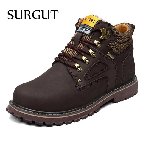 SURGUT Brand Super Warm Men's Winter Leather Men Waterproof Rubber Snow Boots Leisure Boots England Retro Shoes For Men Big Size ► Photo 1/6