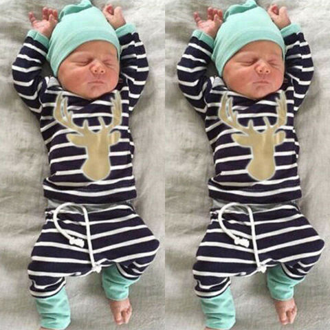 3PCS Newborn Baby Boys Clothes Sets Striped Long Sleeve Tops + Long Pants+Hat Outfits Baby Autumn Winter Clothing 0-18 Months ► Photo 1/6