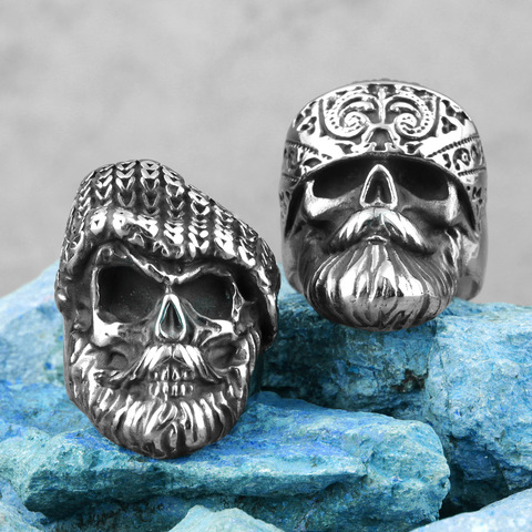 Hippie Big Beard Wear Hat Skull Stainless Steel Mens Rings Punk Hip Hop for Boyfriend Biker Jewelry Creativity Gift Wholesale ► Photo 1/6