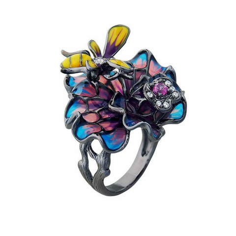 Vintage Exquisite Bee Enamel Rings Elgeant Flower Black Gold Vine Butterfly Animal Ring Engagement Wedding Anniversary Jewelry ► Photo 1/6