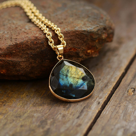 Natural Stone Teardrop Pendant Necklace Labradorite Gold Tone Chain Short Necklace Unique Gems Jewelry Wholesale Dropshipping ► Photo 1/5