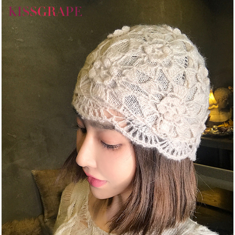 2022 New Lovely Winter Crochet Hats for Women Beanie Caps Flowers Handmade Knitted Hat Female Lace Hat Chapeu Feminino Gorras ► Photo 1/6