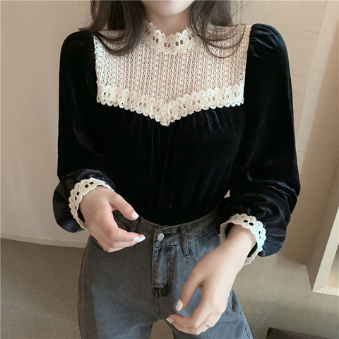 Neploe Velvet Blouse Women Lace Patchwork Vintage Shirt Blusas Mujer De Moda 2022 Fall Clothes Long Sleeve Elegant Blouses Tops ► Photo 1/6