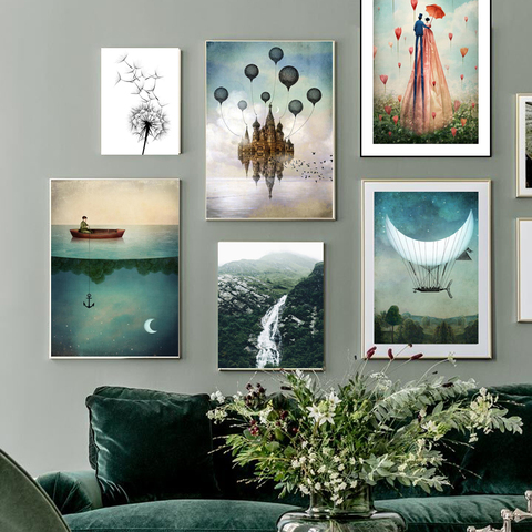 Abstract Moon Waterfall Picture Scandinavian Poster Nordic Style Print Nature Scenery Wall Art Canvas Painting Modern Room Decor ► Photo 1/6