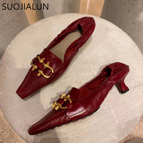 SUOJIALUN Woman Pump Fashion Brand Buckle Slip On Loafers  5cm Med Heel Point Toe Party Sandals Office Lady Dress Pump Shoes ► Photo 1/6