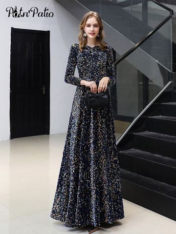 Long Sleeves Prom Dresses 2022 New Elegant A-line Floor-length Sequin Women Formal Gowns Plus Size For Evening Party ► Photo 1/5