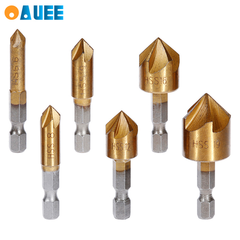 6 Pcs Countersink Drill Bit Set 1/4'' Hex Shank HSS 5 Flute Countersink 90 Degree Wood Chamfering Cutter Chamfer 6mm-19mm ► Photo 1/6