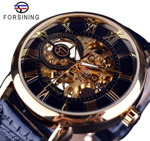 Forsining 3d Logo Design Hollow Engraving Black Gold Case Leather Skeleton Mechanical Watches Men Luxury Brand Heren Horloge ► Photo 1/6