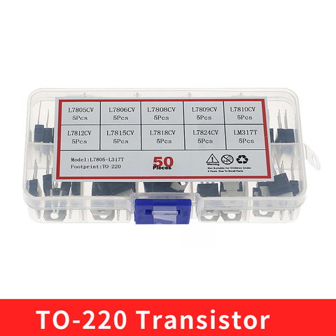 50pcs/box 10value*5pcs Voltage Regulator Transistor Assortment Kit LM317T L7805 L7806 L7808 L7809 L7810 L7812 L7815 L7818 L7824 ► Photo 1/3