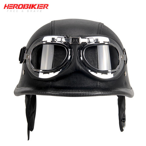 HEROBIKER Motorcycle Helmet German Leather Style Pilot Motorcycle Open Face Retro Half Helmet Cruise Chopper Biker Pilot DOT S ► Photo 1/6