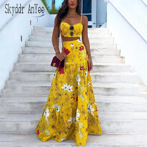 Floral Print Summer Dresses For Women 2022 Two Piece Skirt Set  Spaghetti Strap Crop Top And Maxi Long Skirt Party 2 Piece Sets ► Photo 1/6