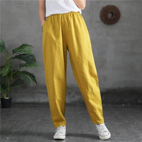 Johnature 2022 Autumn New Leisure Elastic Waist Cotton Linen Straight Pants Simple Comfortable All-match 5 Color Women Pants ► Photo 1/6