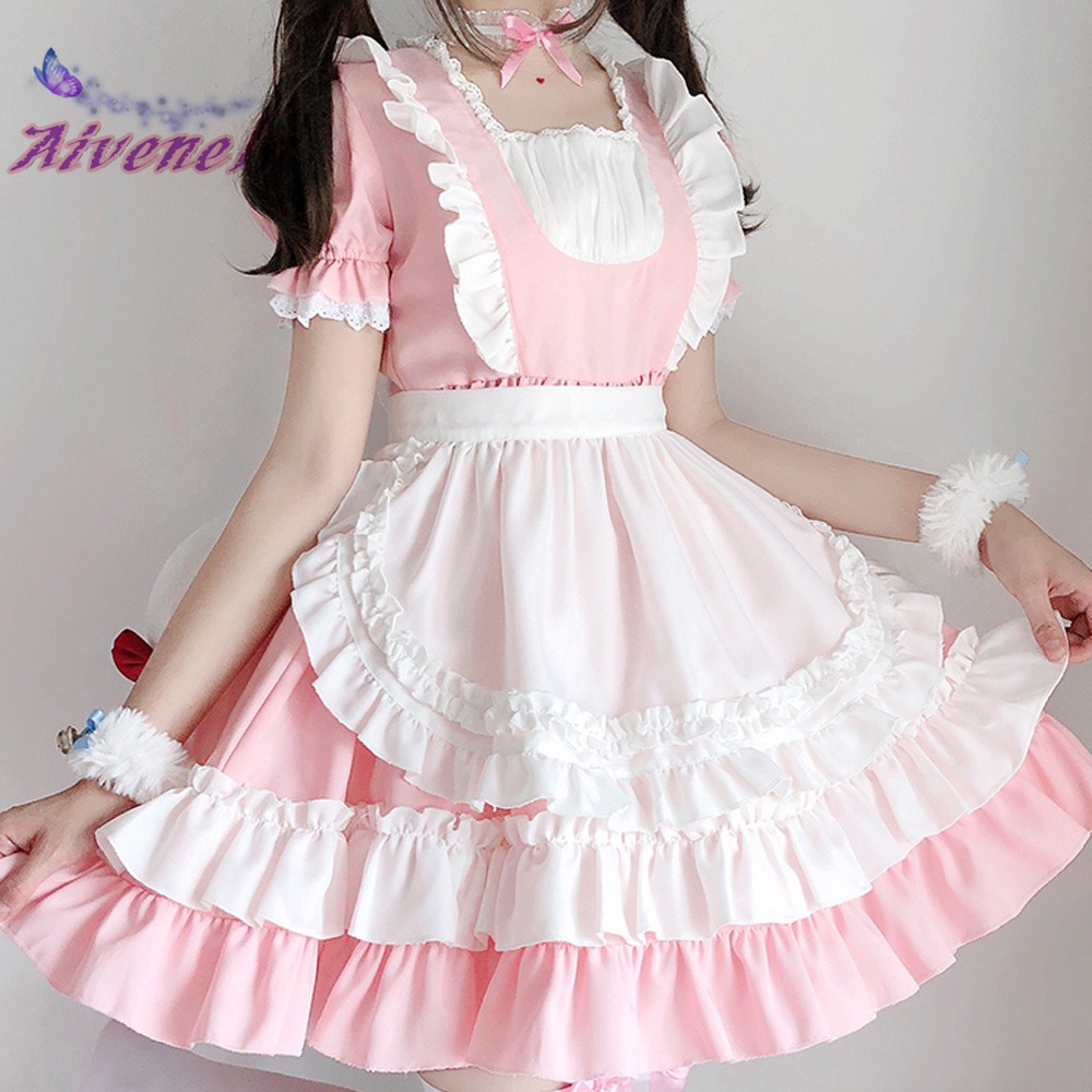 Sweet Lolita OP Maid Dress Pink Soft Girl Women Princess Dresses Kawaii ...