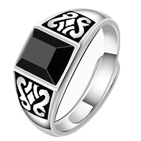 New silver original domineering inlaid black agate cold temperament geometric retro opening adjustable men's ring ► Photo 1/6