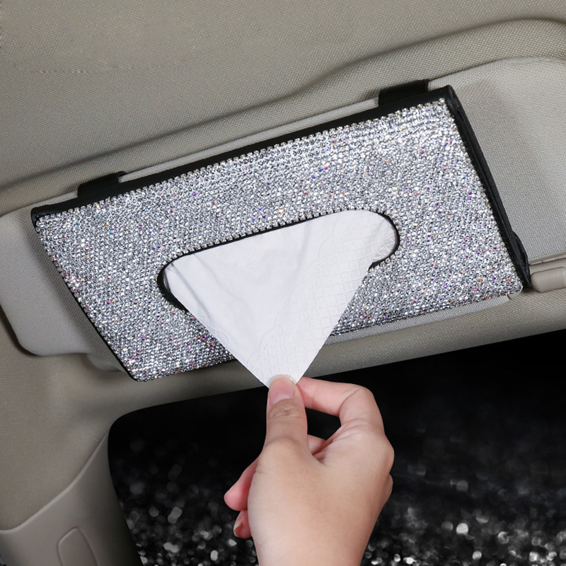 EGBANG Bling Bling Car Visor Tissue Holder Ladies Leather Crystals Paper Towel Cover Case for Women White Crystal 