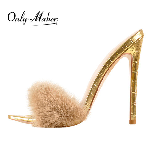 Onlymaker Peep Toe Mules Artificial fur Slip On  Beige White Thin High Sandals Big Size Gold Sandals ► Photo 1/6