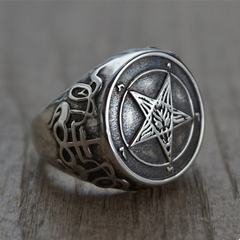 EYHIMD Occult Stainless Steel Sigil of Baphomet Ring Gothic Witch Church of Satan Cross Rings Satanic Lucifer Jewelry ► Photo 1/4