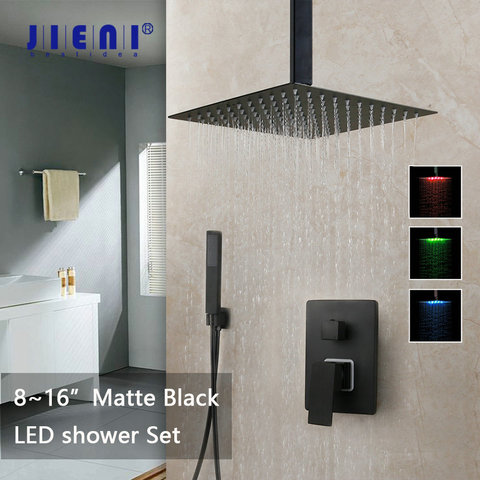 JIENI 8 12 16 Inch Black Bathroom Shower Faucet Set Ceiling Mount Black LED Shower Head Mixer Tap W/ Rainfall Shower Faucets Set ► Photo 1/6
