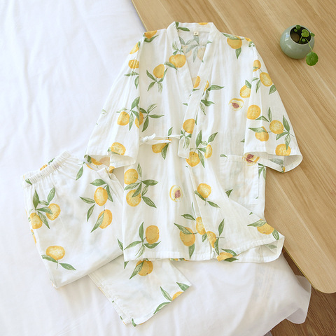 Autumn Women Cotton Pajamas Seven-sleeve Gauze Kimono Sleepwear V-Neck Yellow Peach Print Pijamas Two Piece Set Home Sleep Wear ► Photo 1/6