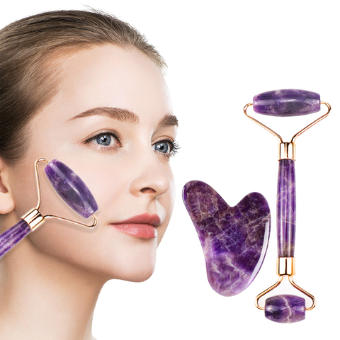 Amethyst Face Massage Roller Gua Sha Massager Natural Stone Jade Anti Wrinkle Facial Beauty Thin Lift Relax Slimming Tools ► Photo 1/6