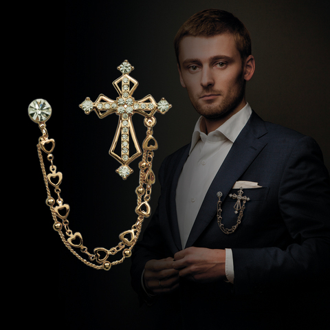 High End British Style Vintage Crystal Cross Brooch Pin Double Chain Lapel Pins and Brooches Suit Badge Shirt Collar Accessories ► Photo 1/6