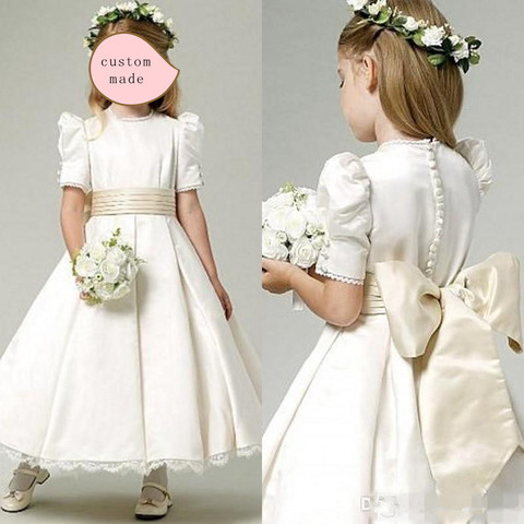 Ivory Satin Flower Girl Dresses With Champagne Bow Sash Jewel Neck Ankle Length Bubble Short Sleeves Lace Hemline Girls Dresses ► Photo 1/6