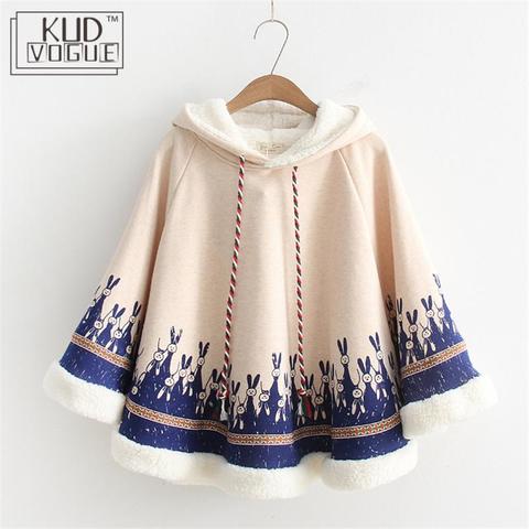 Autumn Thicken Women Cloak Lovely Overcoat Cotton Fleece Cape Japanese Style Mori Girl Winter Coat Rabbit Ear Hoodie Outerwear ► Photo 1/6