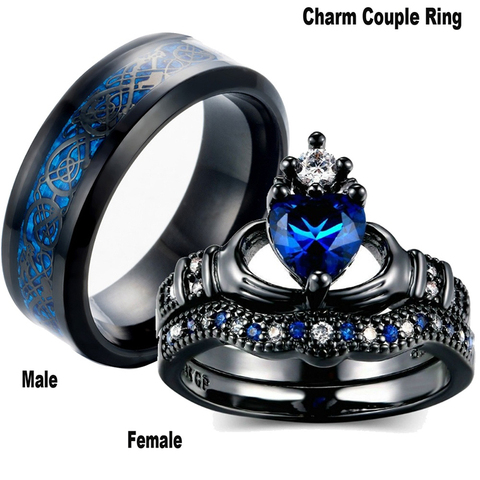 Carofeez Charm Couple Ring Stainless Steel Black Men's Ring Blue Zircon Women's Ring Sets Valentine's Day Wedding Bands ► Photo 1/6