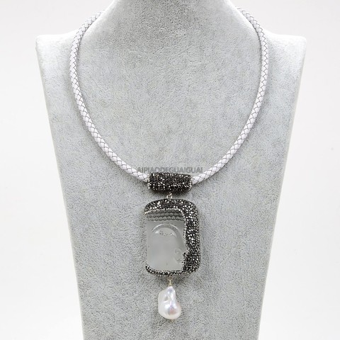 GuaiGuai Jewelry 19'' White Leather Necklace Keshi Pearl Clear Crystal Buddha Pendant ► Photo 1/6