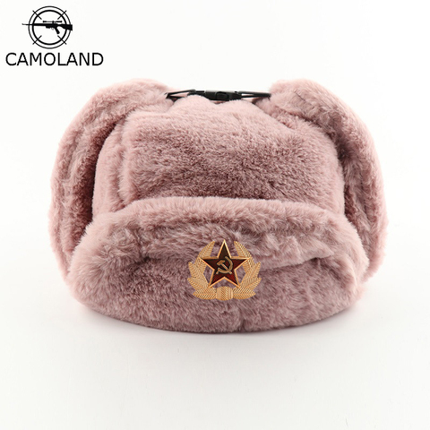 CAMOLAND Women Soviet Badge Russian Ushanka Pilot Bomber Hat Mens Faux Fur Army Military Winter Trapper  Earflap Snow Caps ► Photo 1/6