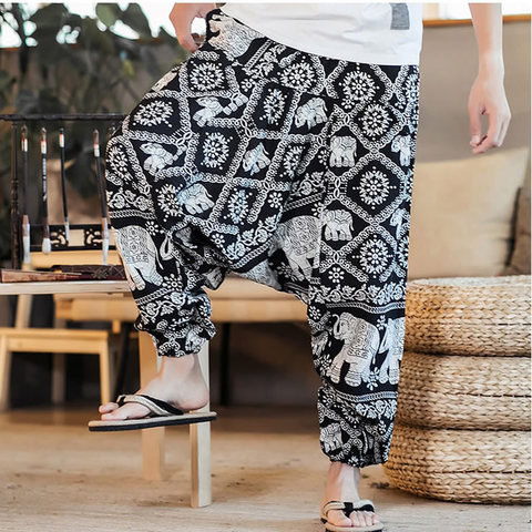 Baggy Cotton Linen Harem Pants Men Hip hop Plus Size Wide Leg Trousers New Casual Vintage Print Long Pants Pantalon Hombre 2022 ► Photo 1/6