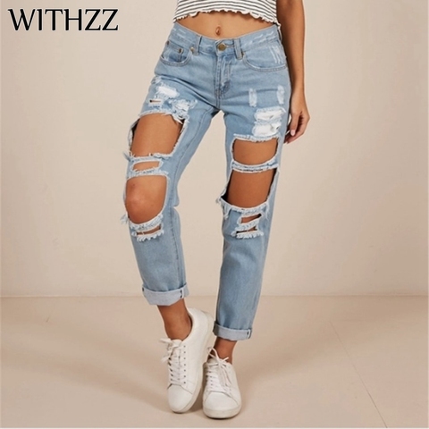 WITHZZ Women's Fashion Hole Ripped Denim Scratched Straight Pants Female Trousers Jeans ► Photo 1/5