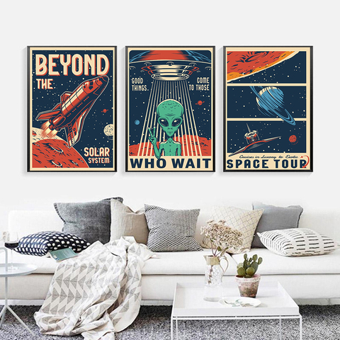 Hd Print Vintage Art Painting Space Retro Alien Posters Travel Landscape Poster Wall Art Picture for Living Room Home Decoration ► Photo 1/6