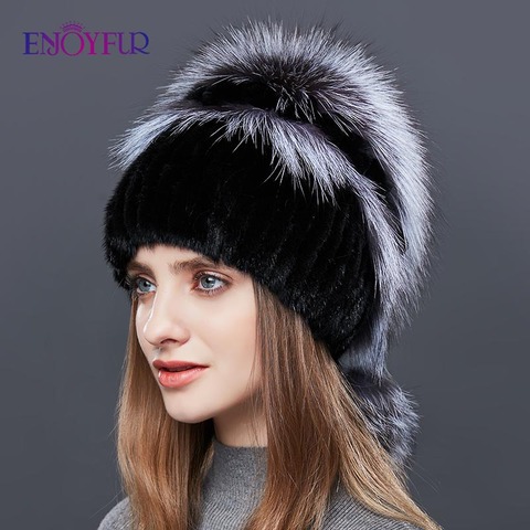 ENJOYFUR Double Warm Real Natural Mink Fur Hat Female Mix Color Sliver Fox Fur Women Winter Hats Double Pompom Luxury Beanies ► Photo 1/1