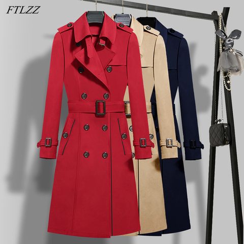FTLZZ New Autumn Winter Women Vintage Turn-down Collar Double Breasted Long Trench Casual Ladies Slim Trench with Belt ► Photo 1/6