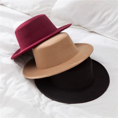 Flat Top Fedoras Hats for Women Solid Color Imitation Woolen Jazz Cap Wide Brim Ladies Elegant Round Caps Bowler Hats ► Photo 1/6