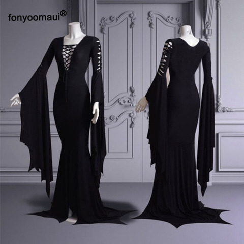 5XL Large Size Cos Morticia Addams Floor Dress Costume Adult Women Gothic Witch Vintage Sexy Hollow Lace Up Slim Gown Dresses ► Photo 1/6