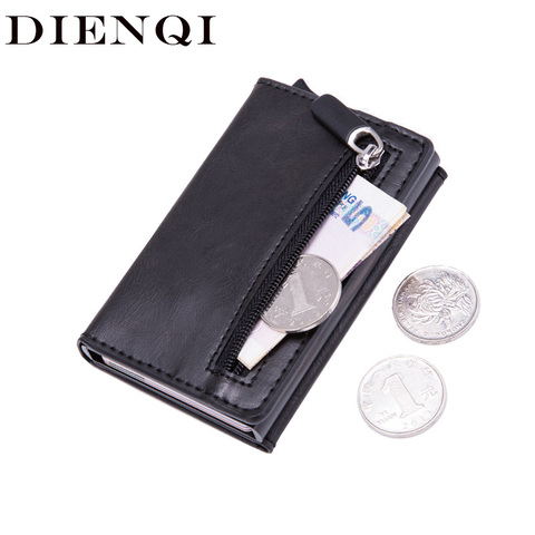 DIENQI Anti Rfid id Card Holder Case Men Leather Metal Wallet Male Coin Purse Women Mini Carbon Credit Card Holder With Zipper ► Photo 1/6