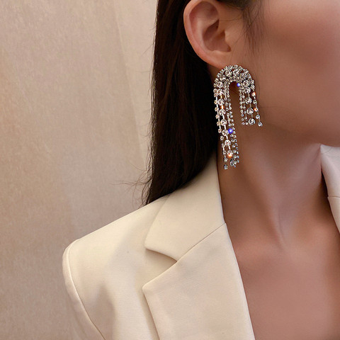 FYUAN Long Tassel Crystal Drop Earrings for Women Geometric Asymmetry Rhinestone Earrings Weddings Party Jewelry ► Photo 1/6