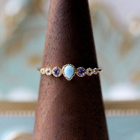 LAMOON 925 Sterling Silver Ring For Women Sea Pattern Larimar Tanzanite White Topaz Gemstone Gold Plated Fine Jewelry LMRI144 ► Photo 1/6