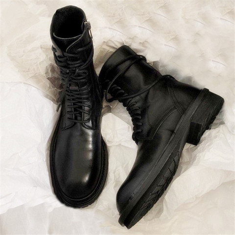 2022 New Hot Black Soft Leather Women Ankle Boots Lace Up Casual Flat Shoes Woman Short Booties Riding Boots Flats ► Photo 1/6