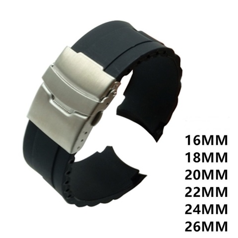 16mm 18mm 20mm 22mm 24mm 26mm Silicone Rubber Diver Silicone Arc Watch Strap With Folding Stainless Steel Clasp Buckle DIY Strap ► Photo 1/5