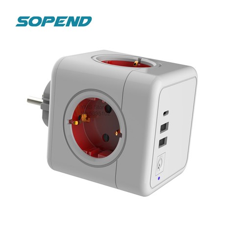 Sopend Power Strip with USB Electric with Switch+Type C Socket Tee Powercube Strips Plug Smart Outlet Extension Adapter European ► Photo 1/6
