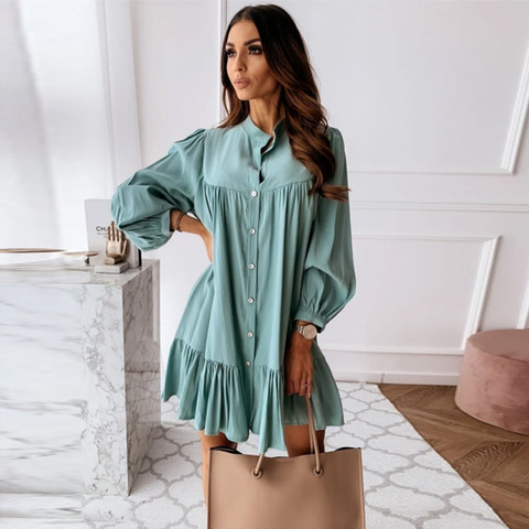 Women Vintage Ruffled Front Button A-line Dress Long Sleeve Stand Collar Solid Elegant Casual Mini Dress 2022 Autumn New Dress ► Photo 1/6