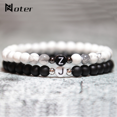 2022 Jewelry Black White Couple Bracelet For Women Men Real Natural Stone Paired Braslet 26 Letters DIY Charm Braclet Pulseras ► Photo 1/6