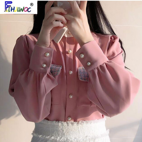 Women 2022 Cute Sweet Tops Pink Korean Japanese Style Design Pockets Long Sleeve Elegant Formal White Button Shirt 3520 ► Photo 1/6