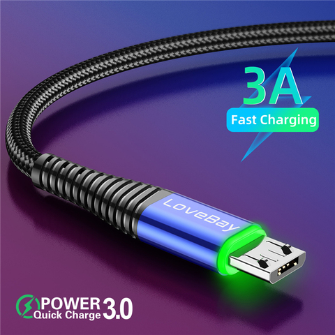 Lovebay LED 2M Micro USB Cable 3A QC 3.0 Quick Charge Wire For Xiaomi Samsung Android Mobile Phone Data Cable Cord Fast Charging ► Photo 1/6