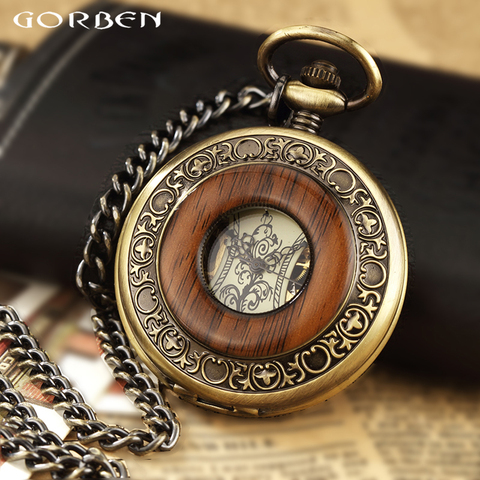 Solid Wood Mechanical Pocket Watch FOB Chain Locket Dial Hollow Steampunk Skeleton Men Women Mens Male Clock Watches Box Package ► Photo 1/6