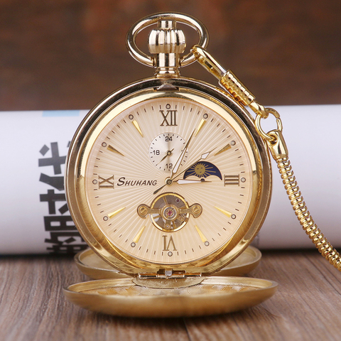 Luxury High Quality Golden Moon Phase  Mechanical Pocket Watch Roman Number Tourbillon Dial Pendant Chain Men Women Jewelry Gift ► Photo 1/4